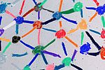 Social network or decentralize concept, macro view of colorful pastel link and connect chalk line between multiple dot or teer on blackboard