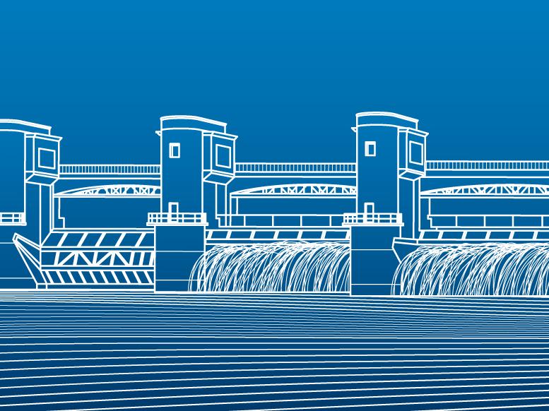 Hydro power plant. River Dam. Energy station. Water power. City infrastructure industrial illustration panorama. White lines on blue background. Vector (© stock.adobe.com / panimoni)