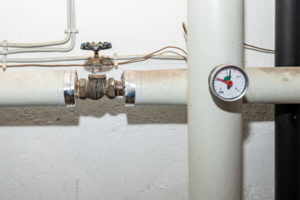 Heizungsanlage für Fernwärme in einem Altbau. Rohre mit Apsterrventil und Gradmesser