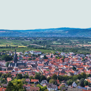View from Richardshöhe on the Bismarckturm hiking trail in Rheinhessen down to Gau-Algesheim in autumn
