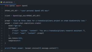 Code example for programmatically calling GPT-4o through OpenAI’s API. The code is written in Python, which is currently the de facto the lingua franca of AI/ML. However, most LLM providers support a range of programming languages for use with their API.