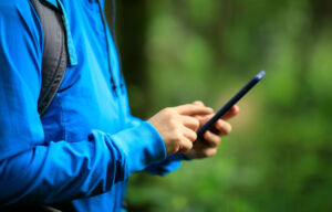 Woman hiker using smartphone in spring forest