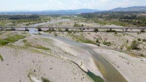 Europe, Italy , Emilia Romagna Val Trebbia - drone aerial view of river drought and aridity water emergency