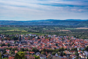 Blick von der Richardshöhe auf dem Wanderweg Bismarckturm in Rheinhessen hinunter nach Gau-Algesheim