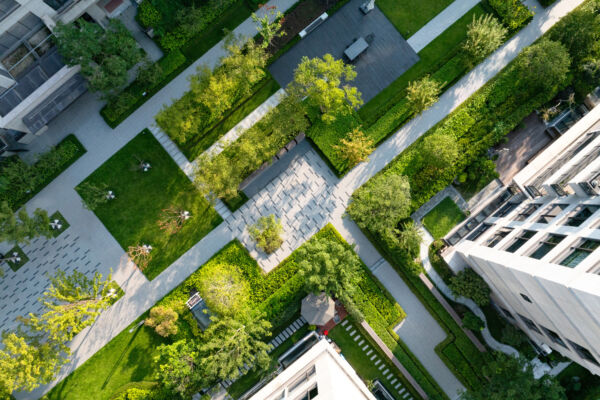 Green plants around buildings, green city concept