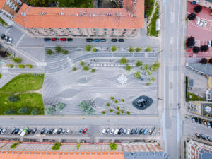 Copenhagen, Denmark - August 23, 2019: Aerial drone view of Superkilen Park in Norrebro district. Designed by the arts group Superflex.