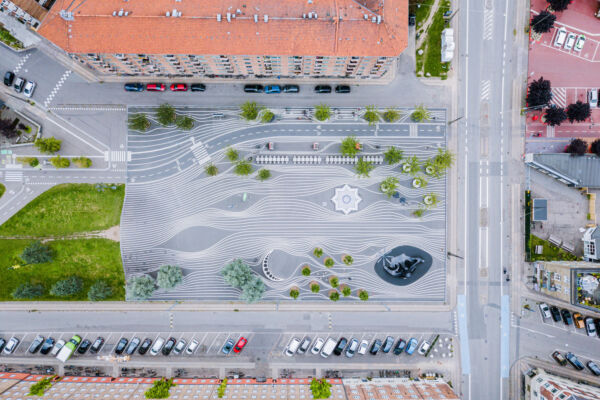 Copenhagen, Denmark - August 23, 2019: Aerial drone view of Superkilen Park in Norrebro district. Designed by the arts group Superflex.