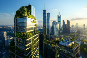 Green high-rise roofs in a Frankfurt of tomorrow (AI-generated)